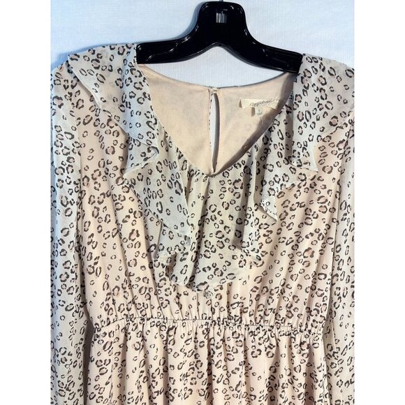 Leopard Print Long-Sleeve Ruffled Dress With Elastic Waist & Flounce Hem - Beige - Picture 1 of 16